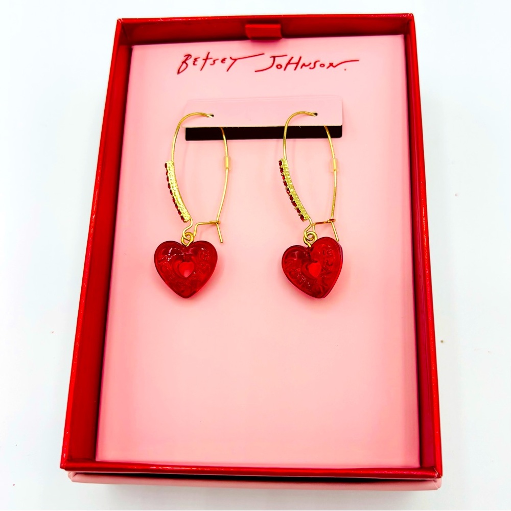 Betsey Johnson Red Heart Earrings with Gold Accents